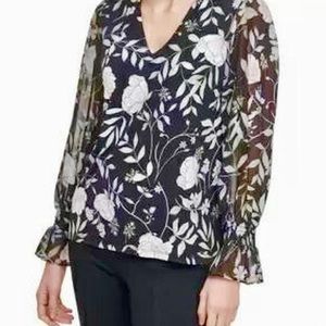 Elegant  Calvin Klein  V-Neck Blouse With Sheer Sleeves